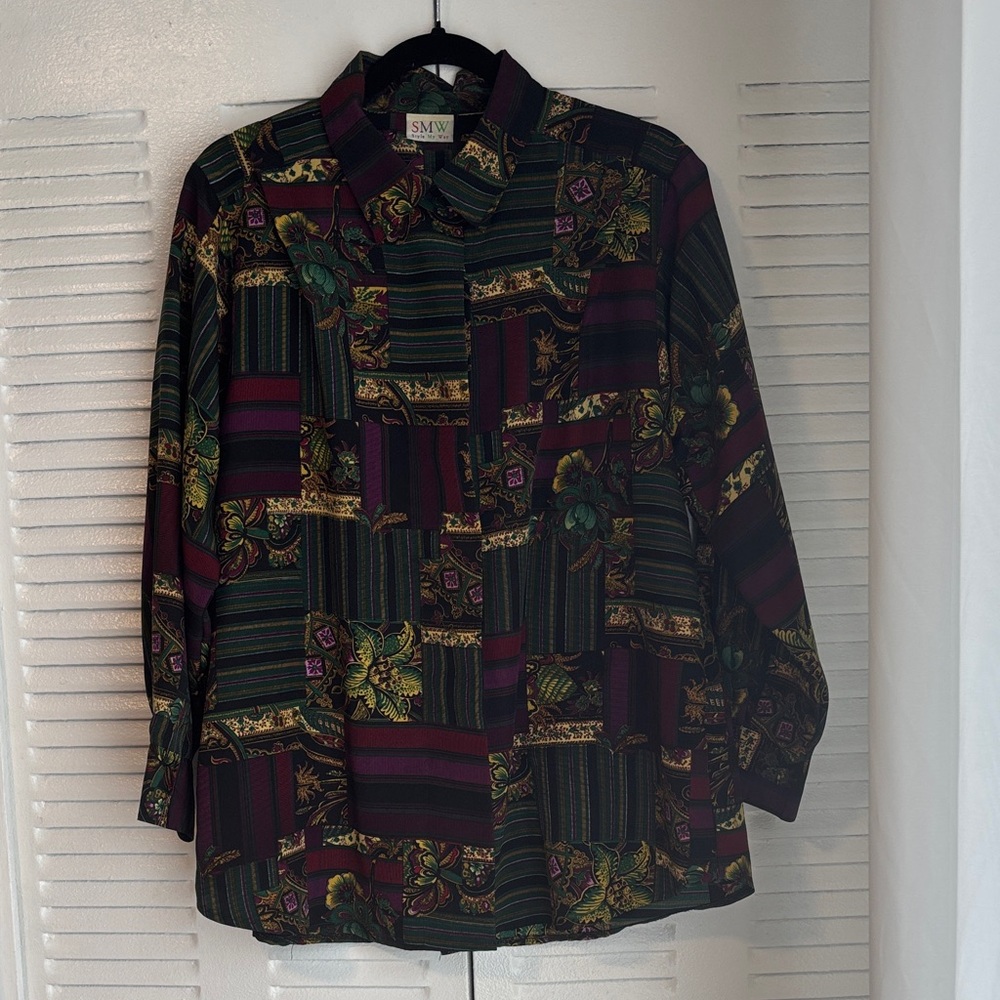 SMW Women’s Vintage Patchwork Button-Down Shirt – Green & Burgundy - Picture 2 of 14